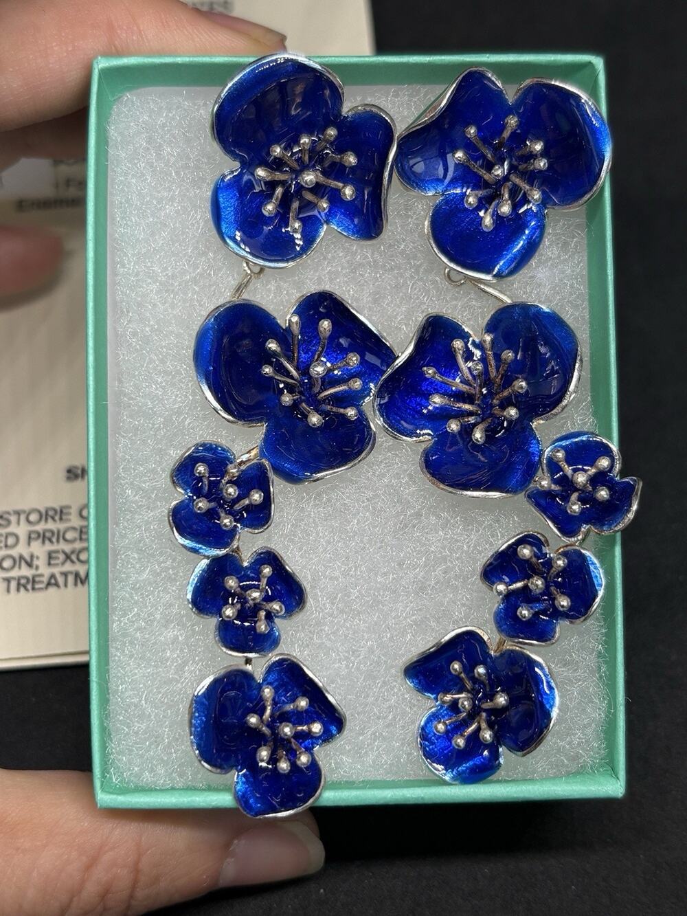 Georgia Charal Sterling Silver Blue Enamel Four Flower Cascade Dangle Earrings